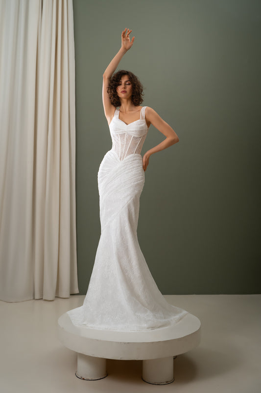 Belle – Lace Wedding Dress with Sheer Bodice, Draped Skirt & V-Shaped Waistline