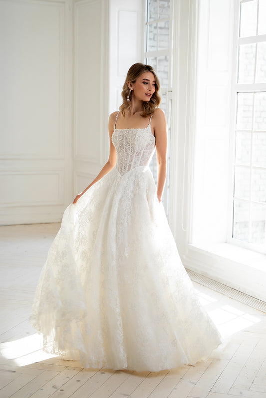Bibi Wedding Dress — Lace Ball Gown with Hand-Embroidered Pearl & Crystal Bodice