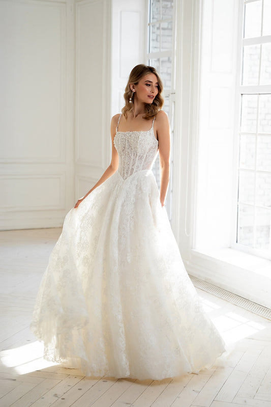 Bibi Wedding Dress — Lace Ball Gown with Hand-Embroidered Pearl & Crystal Bodice