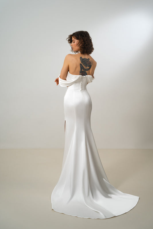 Elza – Off-Shoulder Satin Wedding Dress with Side Slit