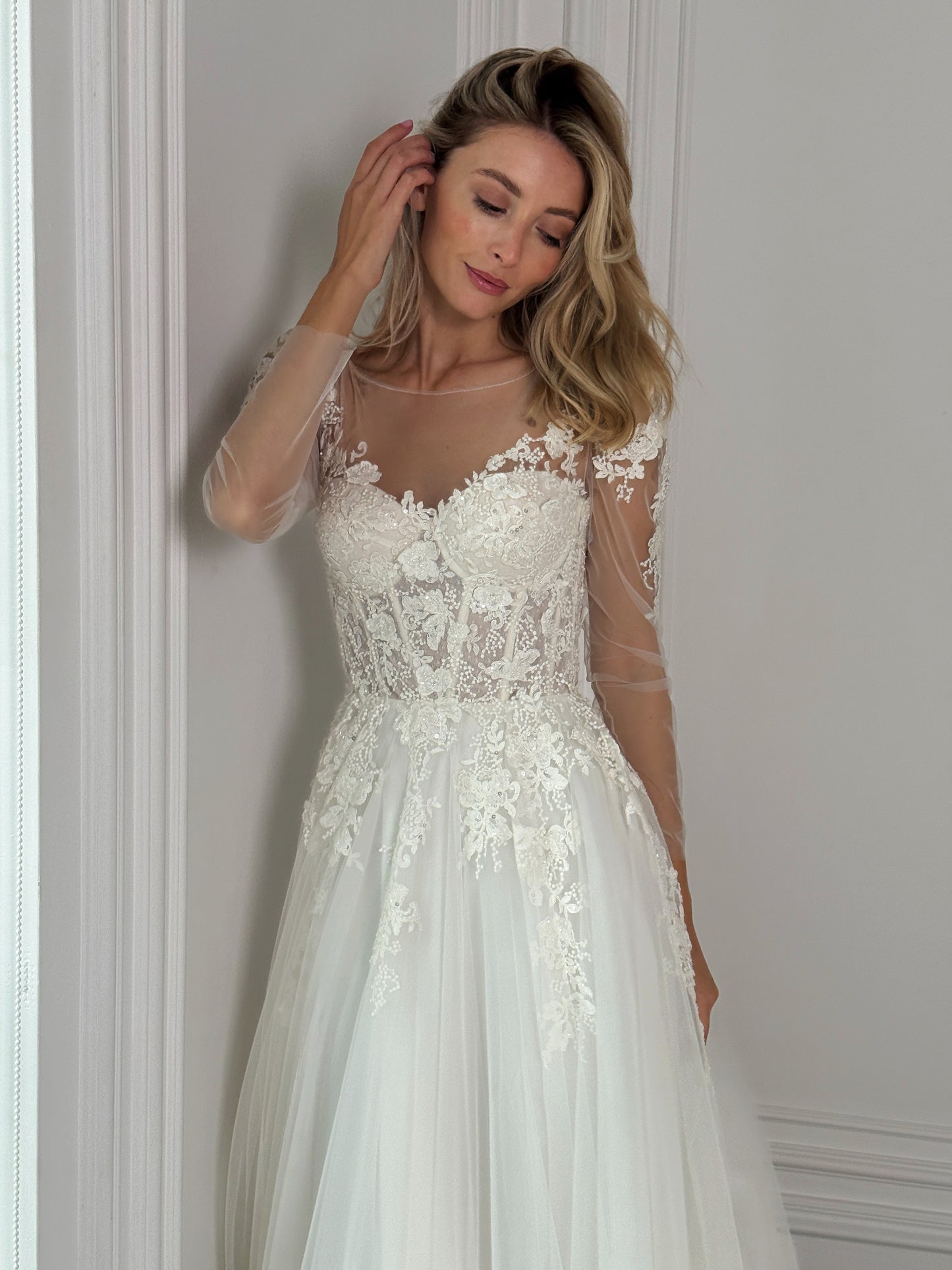 Leona – Elegant Lace Bridal Gown with Long Sheer Sleeves