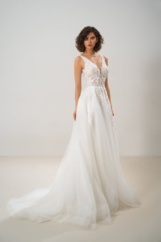 Merelin - Plunging V-Neck Lace Wedding Dress