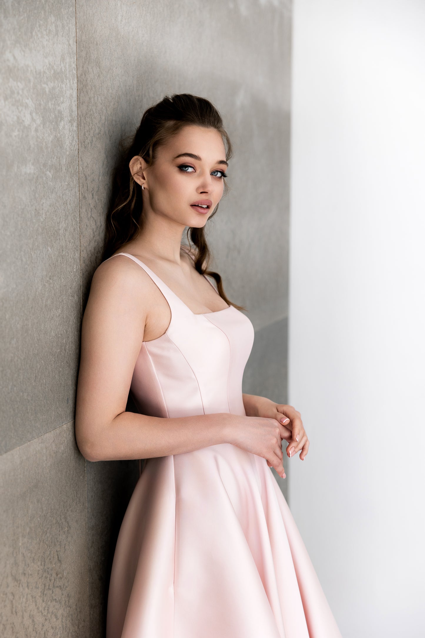 Pinky - Blush Pink Satin Midi Dress Elegant A-line Flowing Cocktail & Bridesmaid Gown