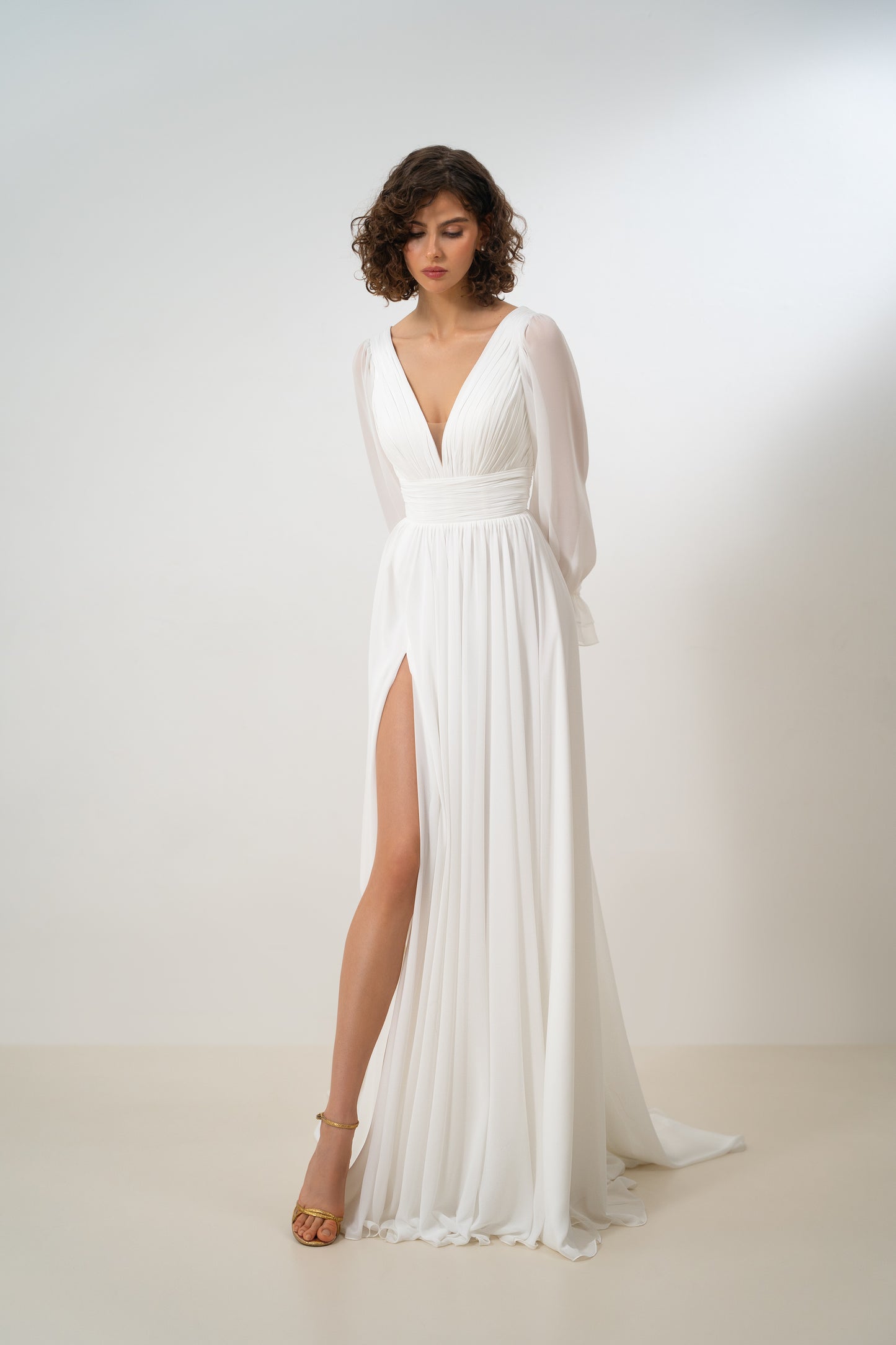 Roxy - Chiffon Wedding Dress with Long Sleeves & High Slit