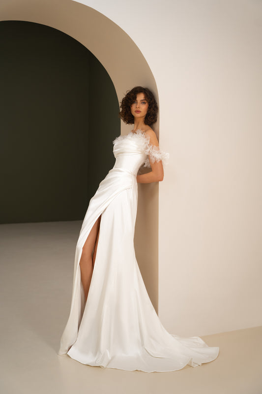 Stacy - Off-Shoulder Satin Wedding Dress with High Slit