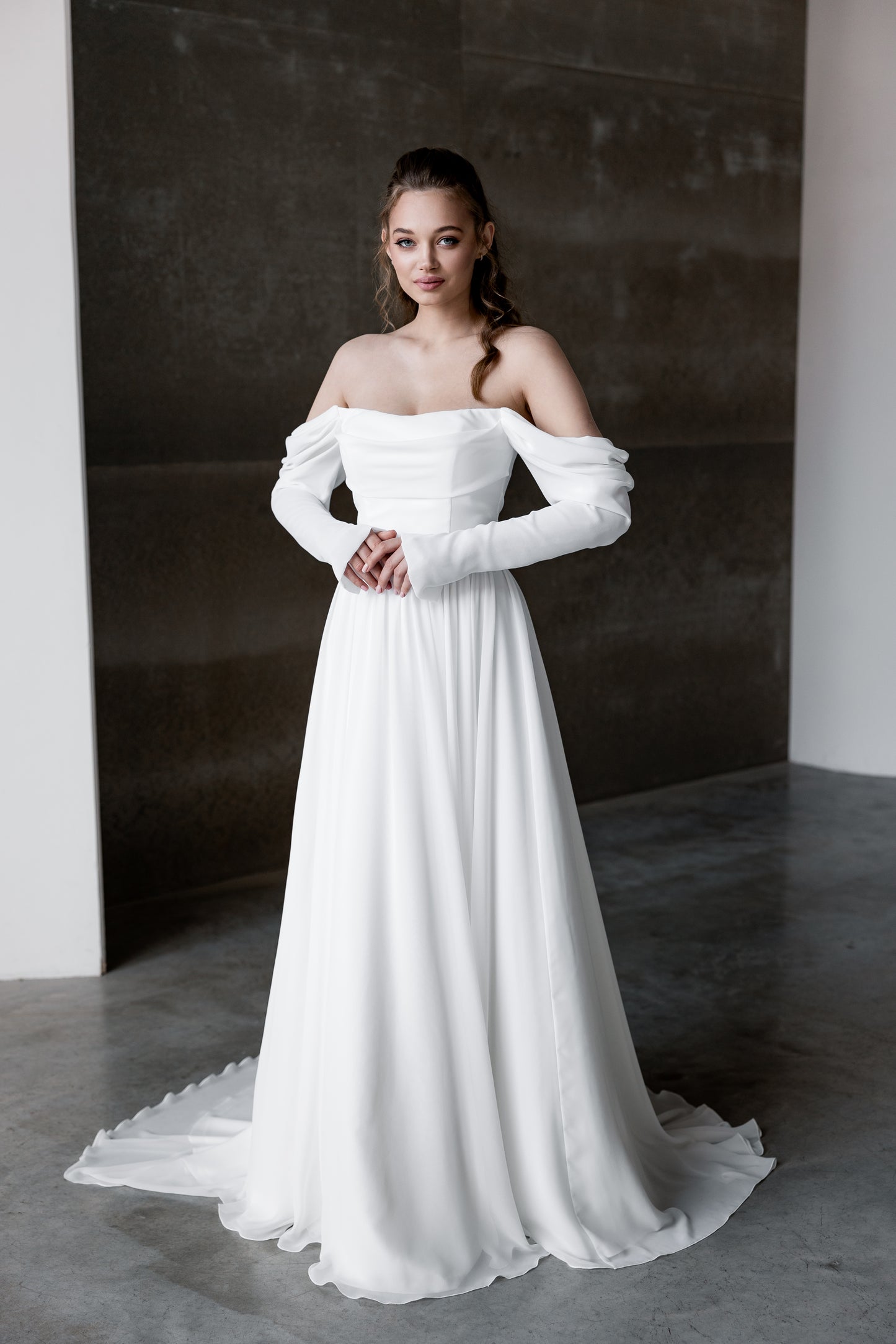 Amelia - Off-Shoulder Minimalist A-Line Wedding Dress – Soft Flowing Chiffon Skirt