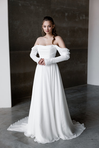 Amelia - Off-Shoulder Minimalist A-Line Wedding Dress – Soft Flowing Chiffon Skirt