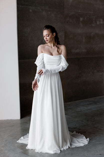 Amelia - Off-Shoulder Minimalist A-Line Wedding Dress – Soft Flowing Chiffon Skirt