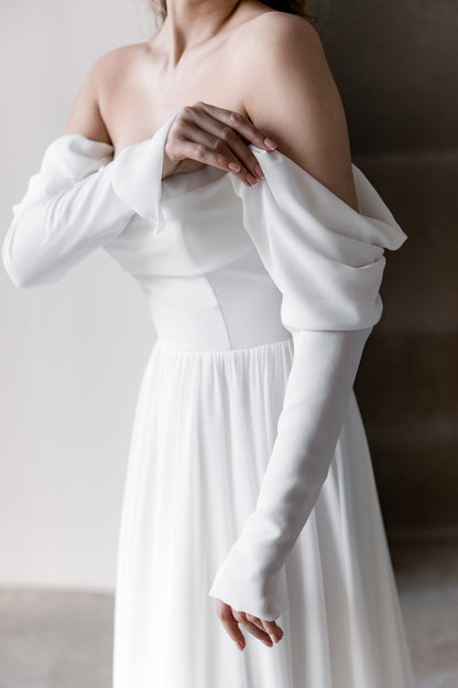 Amelia - Off-Shoulder Minimalist A-Line Wedding Dress – Soft Flowing Chiffon Skirt