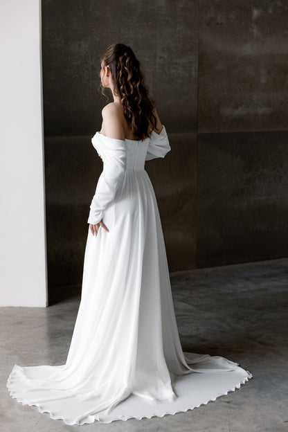 Amelia - Off-Shoulder Minimalist A-Line Wedding Dress – Soft Flowing Chiffon Skirt