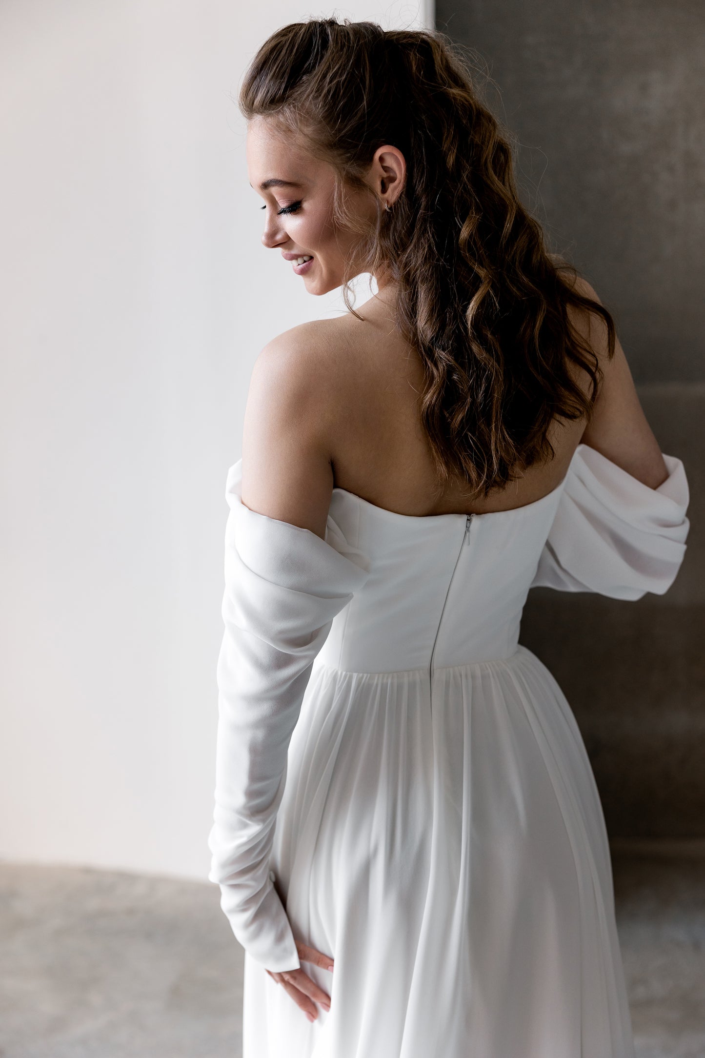 Amelia - Off-Shoulder Minimalist A-Line Wedding Dress – Soft Flowing Chiffon Skirt