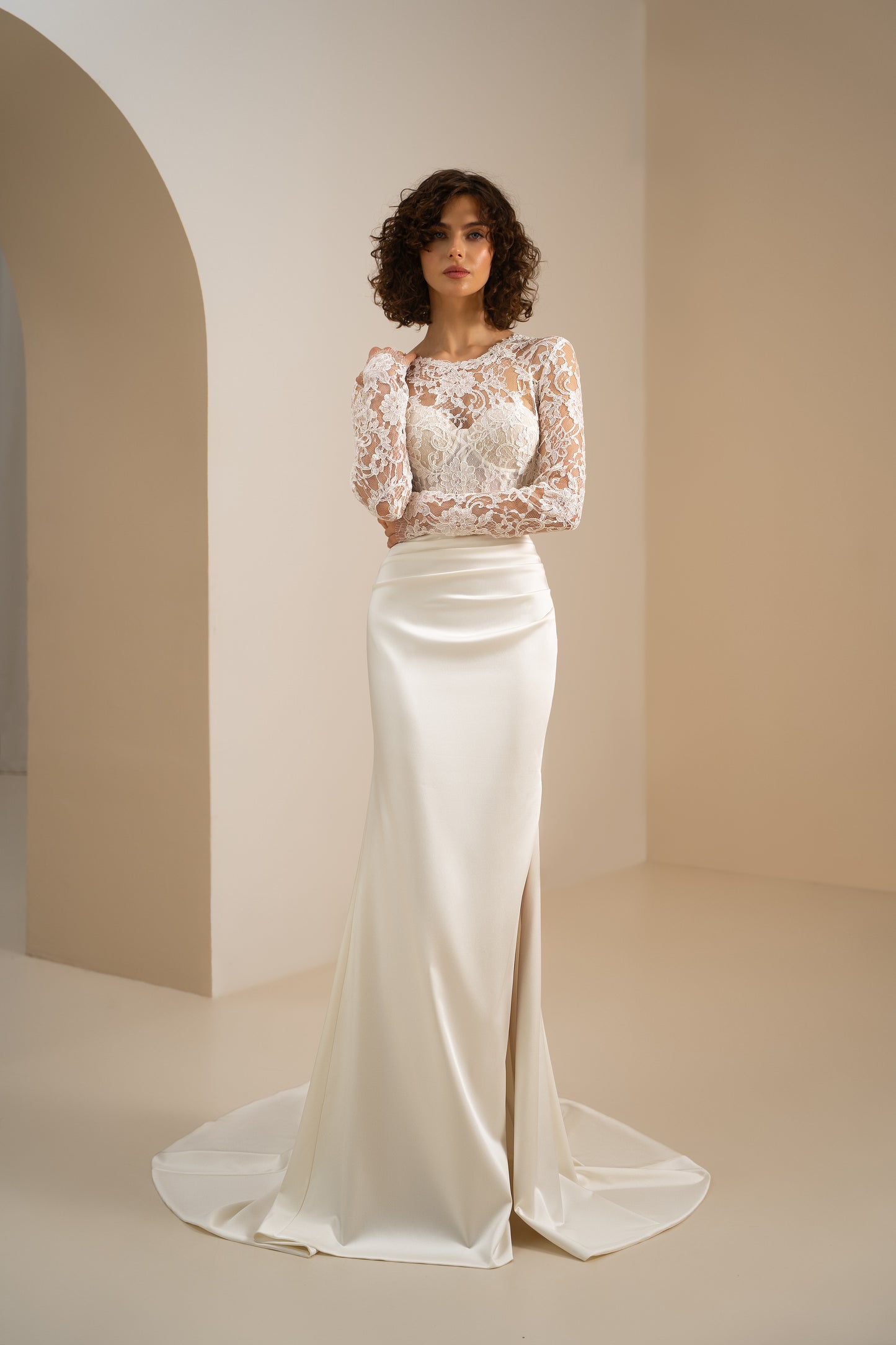 Annet – Long Sleeve Lace Bodice Satin Wedding Dress