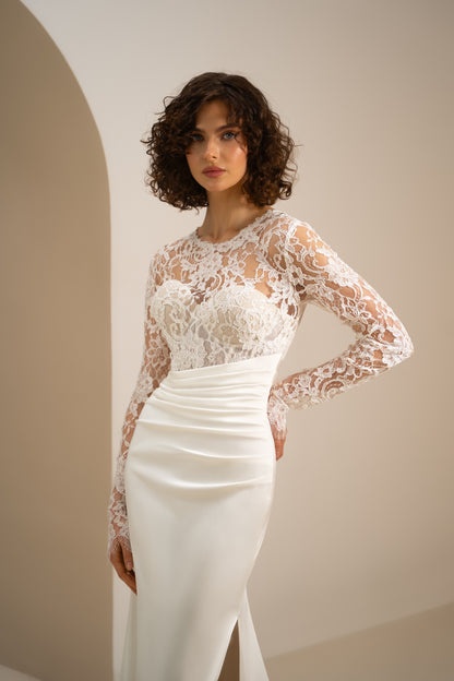 Annet – Long Sleeve Lace Bodice Satin Wedding Dress