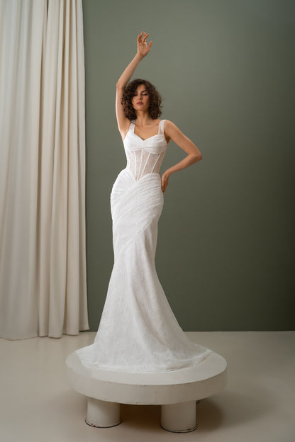 Belle – Lace Wedding Dress with Sheer Bodice, Draped Skirt & V-Shaped Waistline