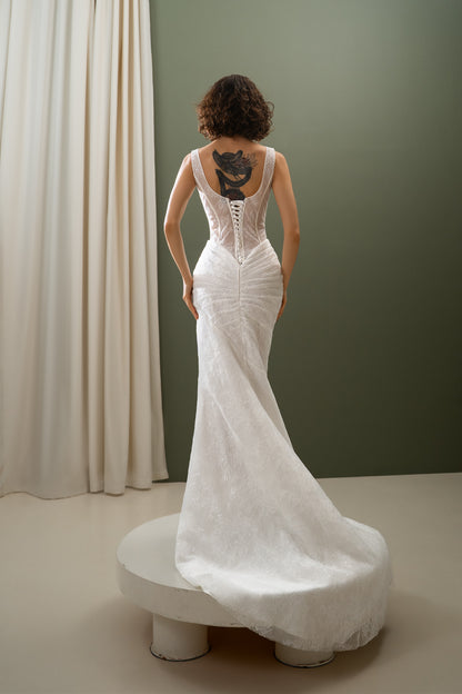 Belle – Lace Wedding Dress with Sheer Bodice, Draped Skirt & V-Shaped Waistline