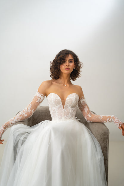 Claudine – Strapless Sweetheart Lace Corset Wedding Gown with Sheer Bodice  & Flowing Tulle Skirt