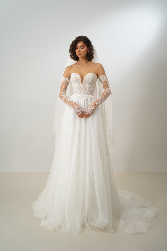 Claudine – Strapless Sweetheart Lace Corset Wedding Gown with Sheer Bodice & Flowing Tulle Skirt