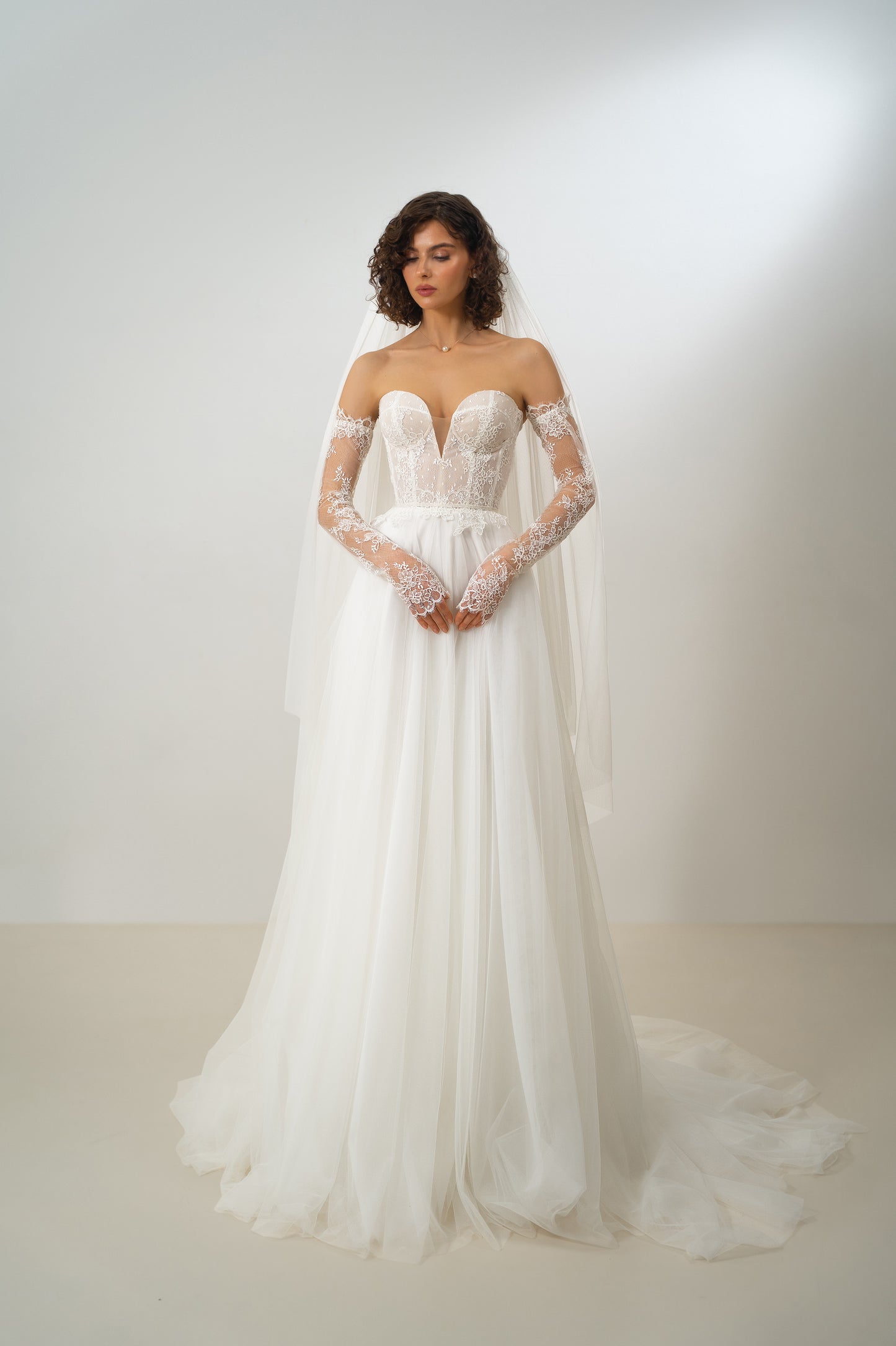 Claudine – Strapless Sweetheart Lace Corset Wedding Gown with Sheer Bodice  & Flowing Tulle Skirt