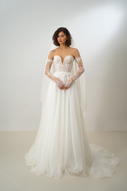 Claudine – Strapless Sweetheart Lace Corset Wedding Gown with Sheer Bodice  & Flowing Tulle Skirt