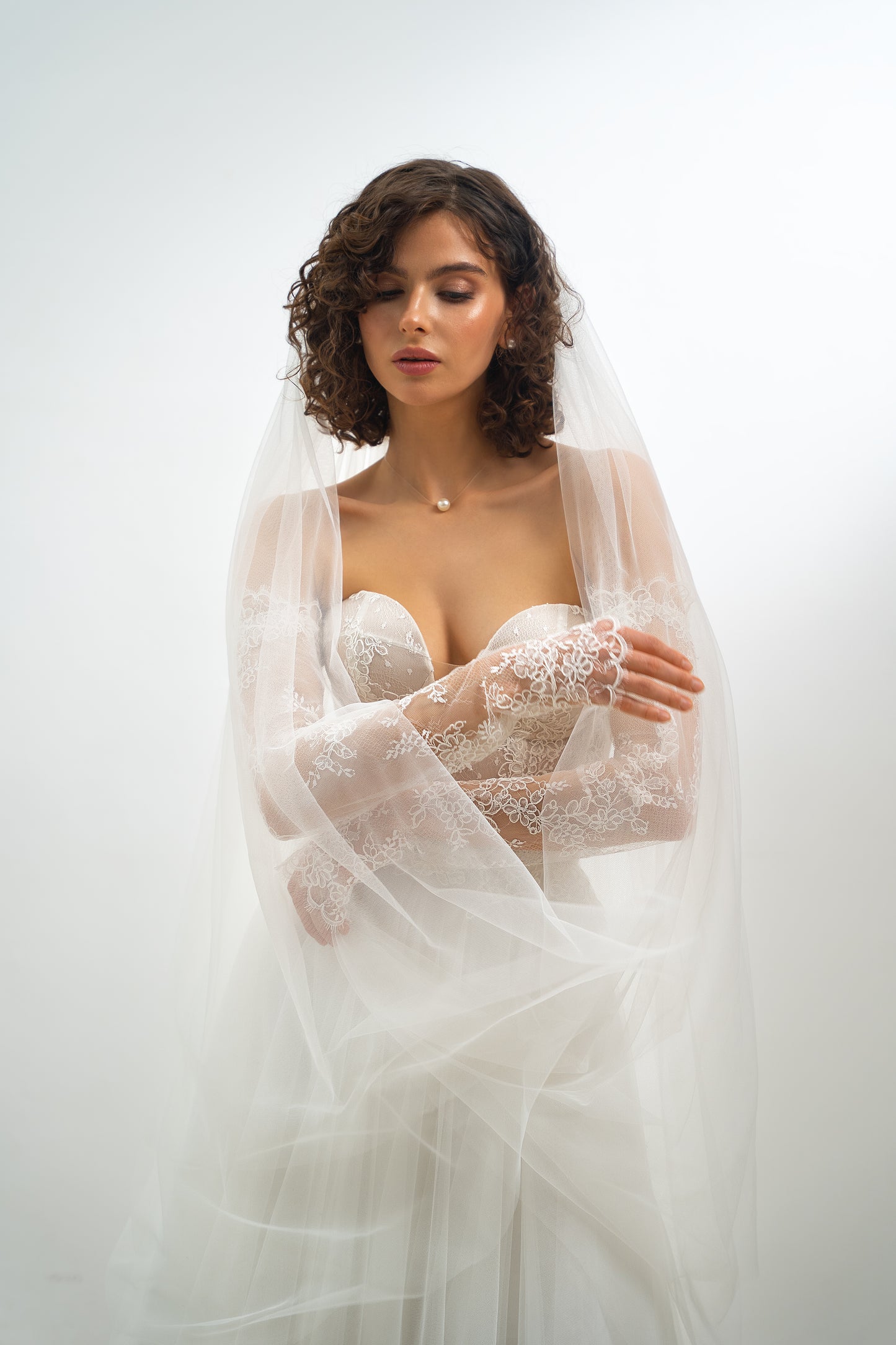 Claudine – Strapless Sweetheart Lace Corset Wedding Gown with Sheer Bodice  & Flowing Tulle Skirt