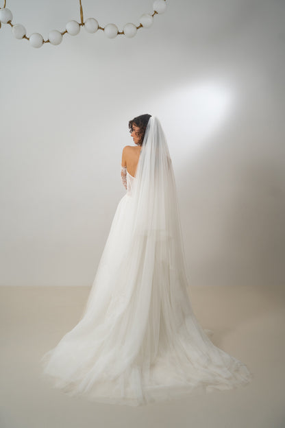Claudine – Strapless Sweetheart Lace Corset Wedding Gown with Sheer Bodice  & Flowing Tulle Skirt