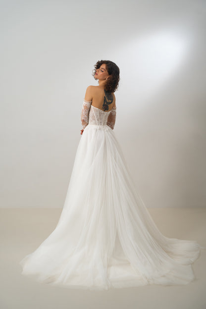 Claudine – Strapless Sweetheart Lace Corset Wedding Gown with Sheer Bodice  & Flowing Tulle Skirt