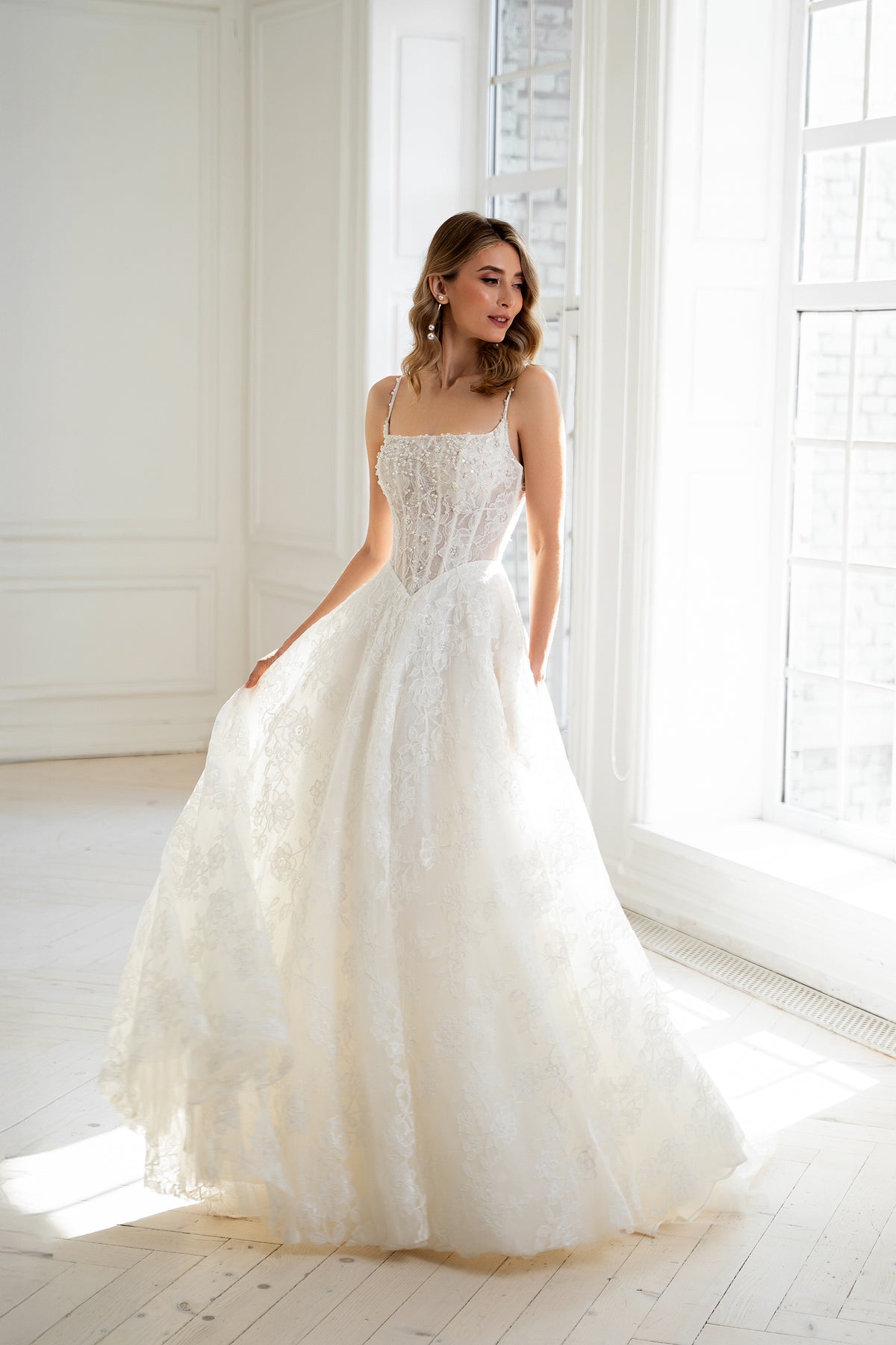 Bibi Wedding Dress — Lace Ball Gown with Hand-Embroidered Pearl & Crystal Bodice