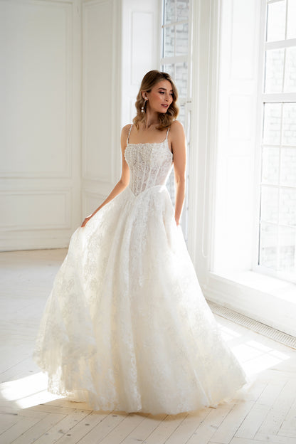 Bibi Wedding Dress — Lace Ball Gown with Hand-Embroidered Pearl & Crystal Bodice
