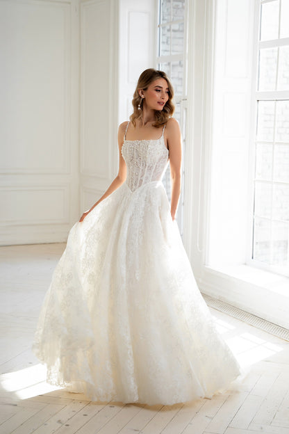 Bibi Wedding Dress — Lace Ball Gown with Hand-Embroidered Pearl & Crystal Bodice