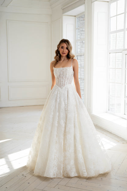 Bibi Wedding Dress — Lace Ball Gown with Hand-Embroidered Pearl & Crystal Bodice