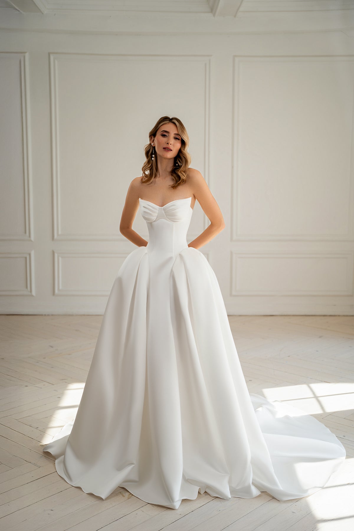 Corset lace-up back detail on strapless wedding ball gown
