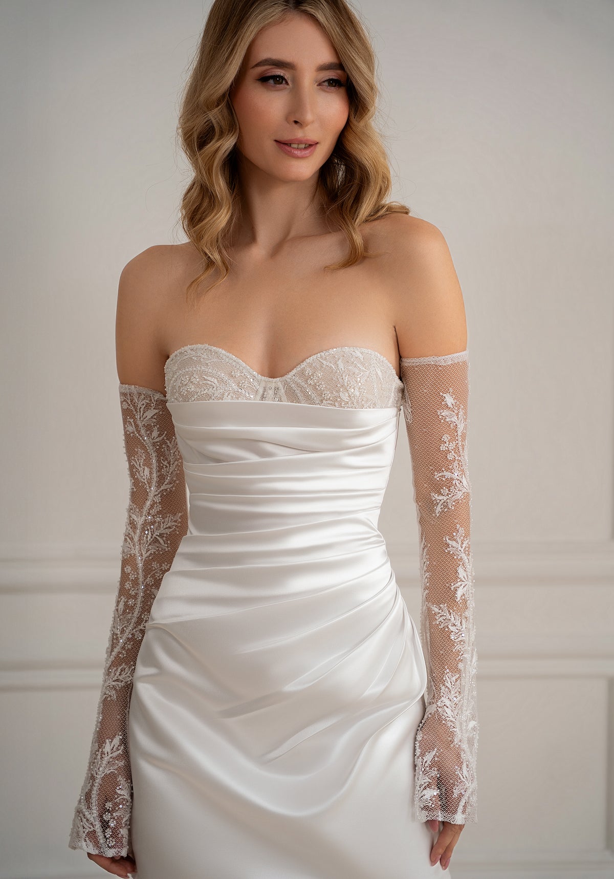 Celine-Short Satin Reception Dress with Sheer Lace Sleeves | Sweetheart Bridal Mini Dress