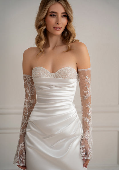 Celine-Short Satin Reception Dress with Sheer Lace Sleeves | Sweetheart Bridal Mini Dress