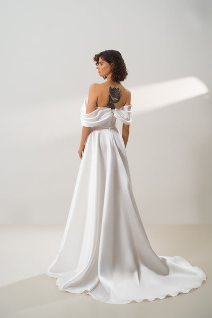 Elizabeth – Off-the-Shoulder Organza Wedding Dress with High Slit