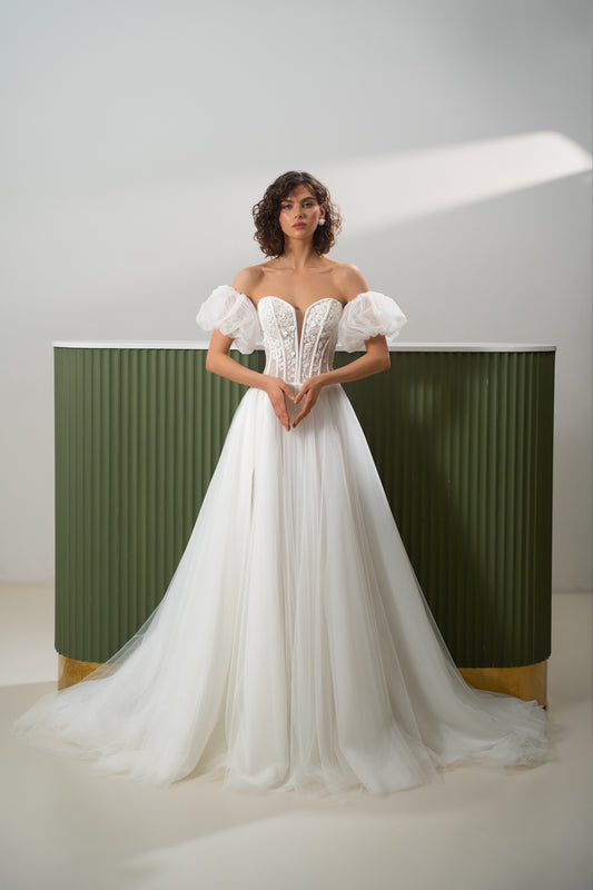 Gabriel - Off-Shoulder Glitter Tulle Wedding Dress with Corset Bodice – Romantic A-Line Bridal Gown