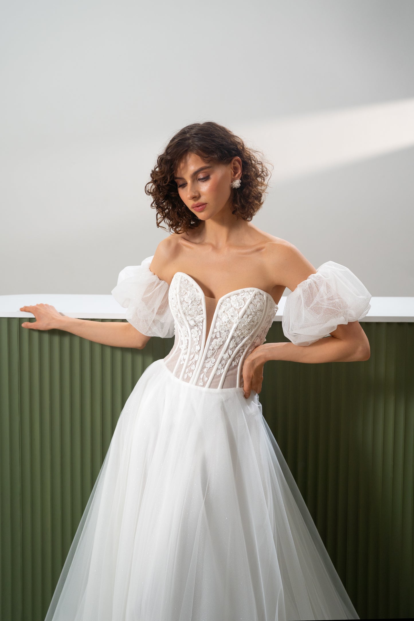 Gabriel - Off-Shoulder Glitter Tulle Wedding Dress with Corset Bodice – Romantic A-Line Bridal Gown