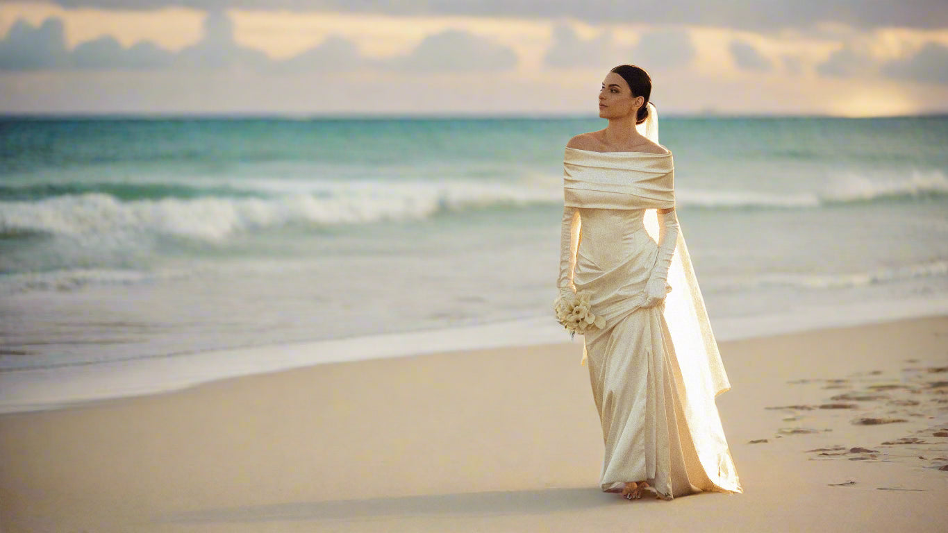 Woman in a white dress standing on a grassy hill with trees in the background