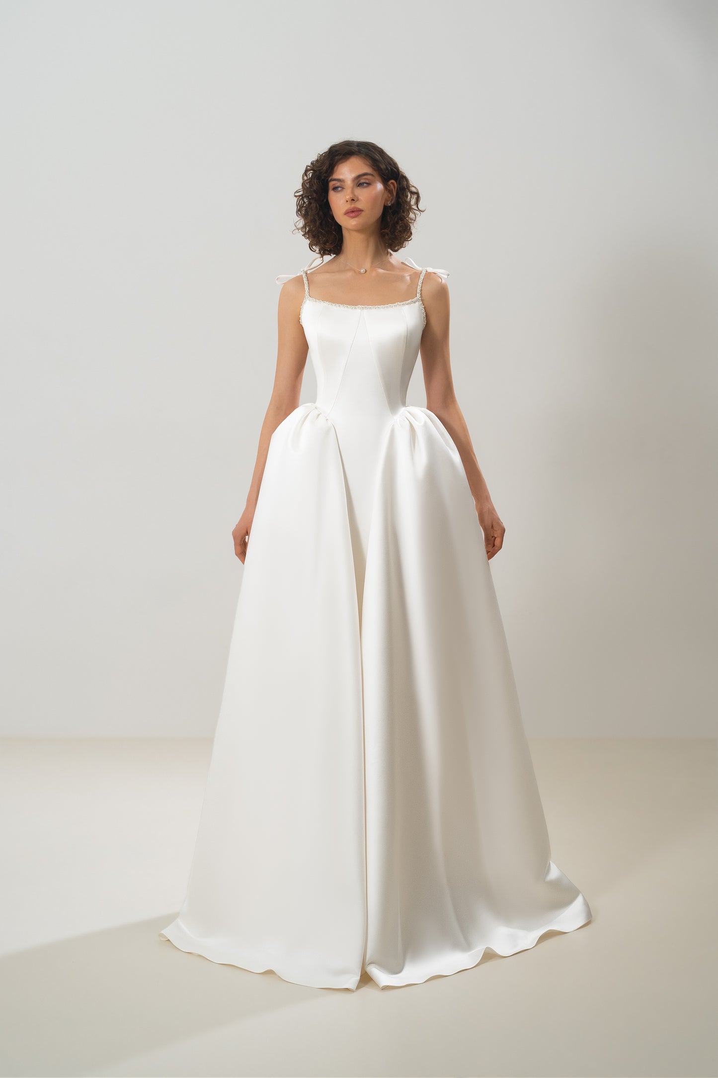 Josephine – Satin A-Line Wedding Dress with Beading Straps and Neck Trim