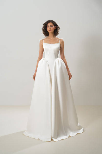 Josephine – Satin A-Line Wedding Dress with Beading Straps and Neck Trim