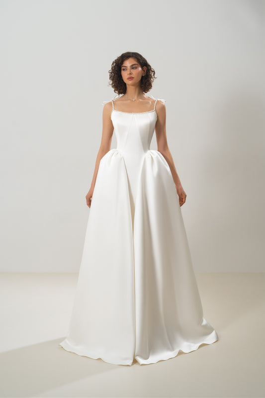 Josephine – Satin A-Line Wedding Dress with Beading Straps and Neck Trim