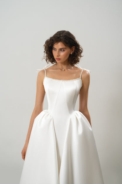 Josephine – Satin A-Line Wedding Dress with Beading Straps and Neck Trim