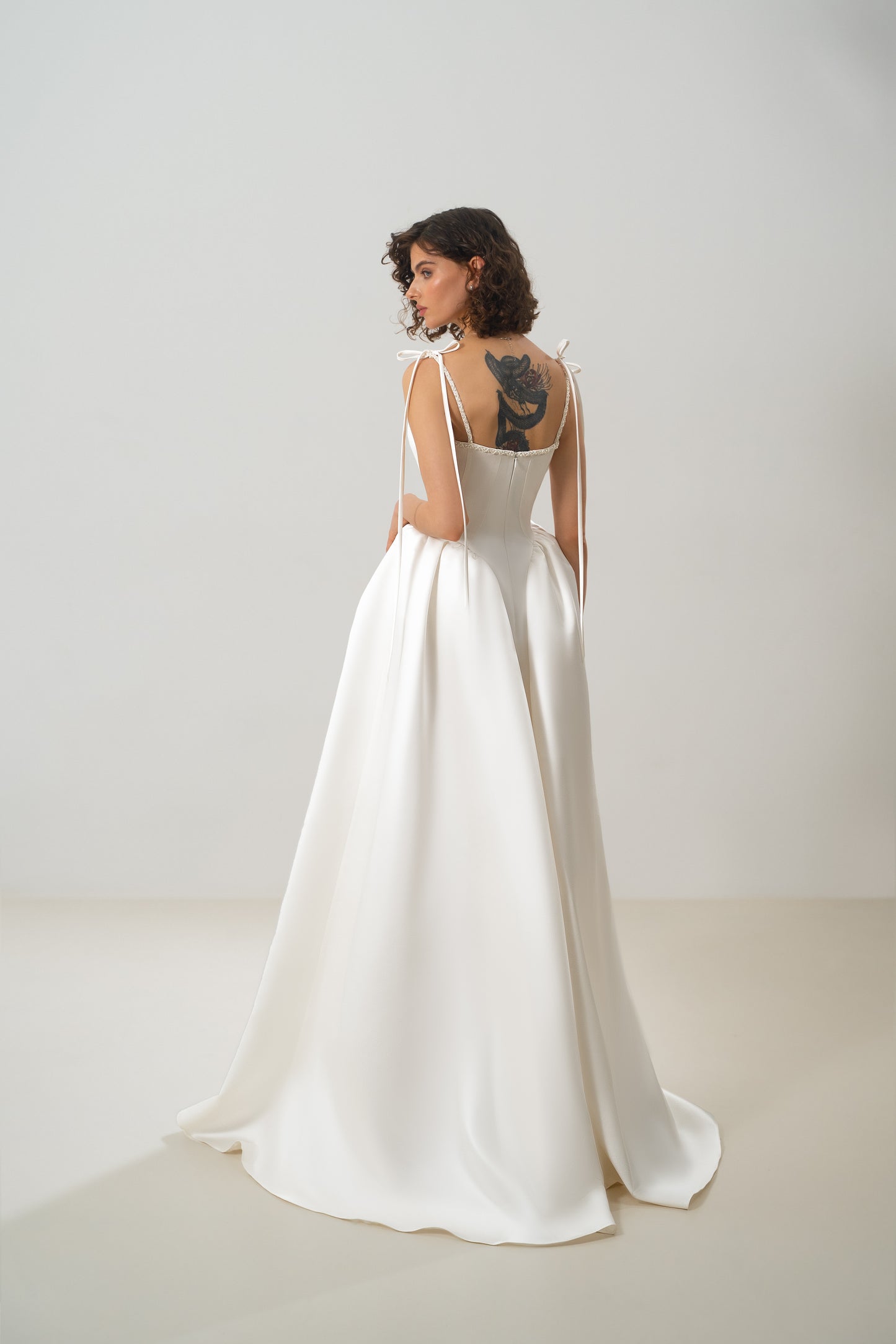 Josephine – Satin A-Line Wedding Dress with Beading Straps and Neck Trim