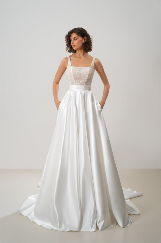Kendall – Elegant A-line  Satin & Lace Wedding Gown with Square Neckline