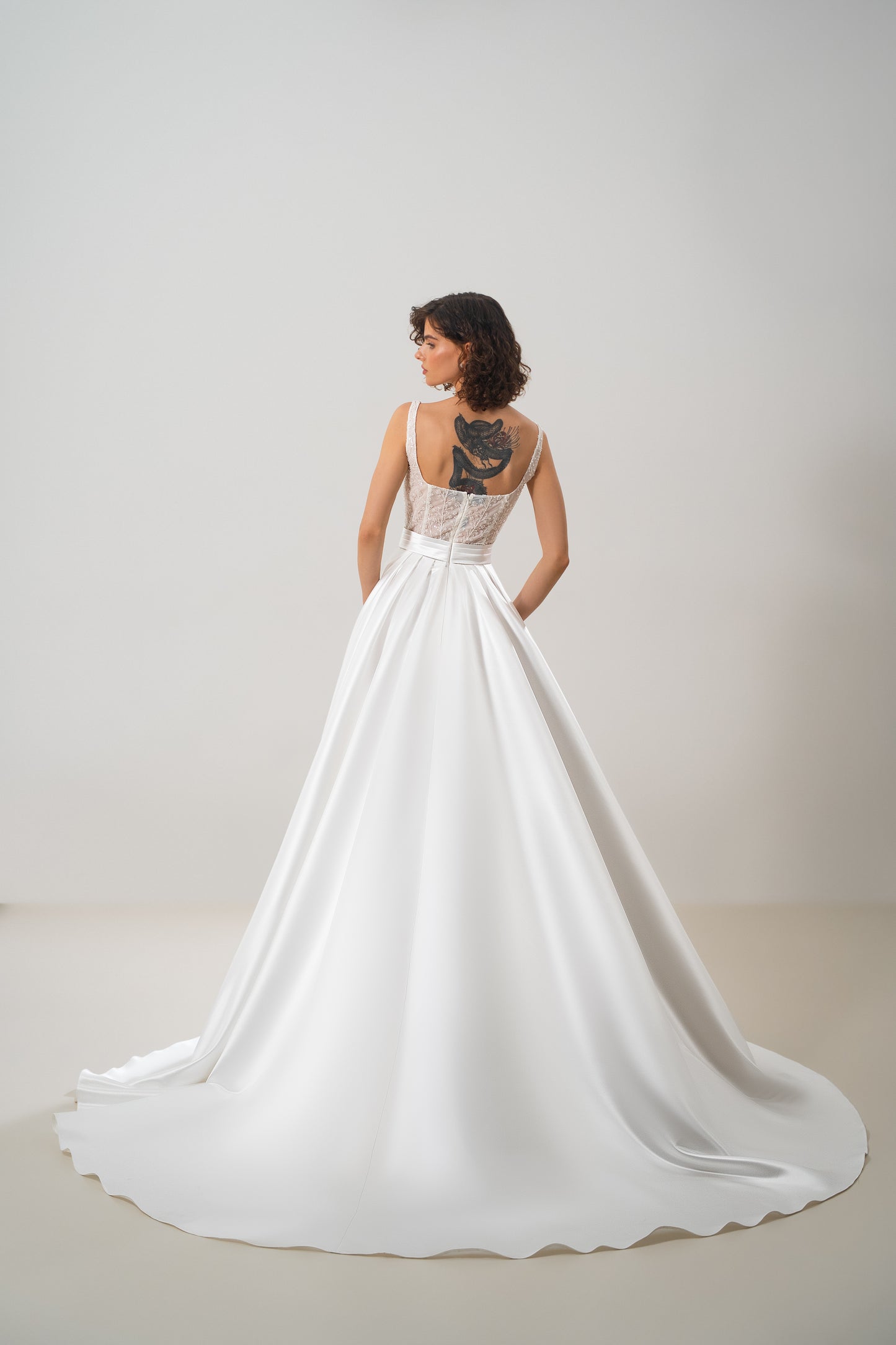 Kendall – Elegant A-line  Satin & Lace Wedding Gown with Square Neckline