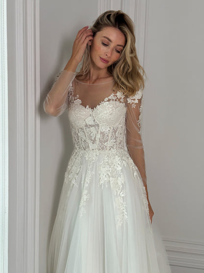 Leona – Elegant Lace Bridal Gown with Long Sheer Sleeves