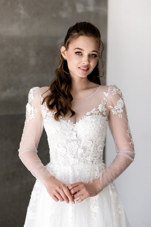 Leona – Elegant Lace Bridal Gown with Long Sheer Sleeves