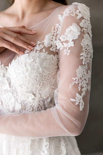 Leona – Elegant Lace Bridal Gown with Long Sheer Sleeves