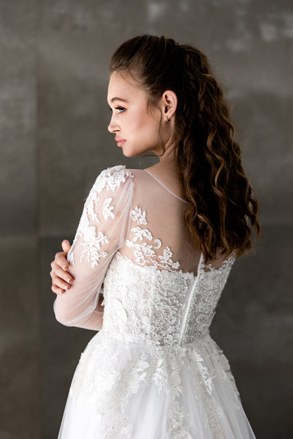 Leona – Elegant Lace Bridal Gown with Long Sheer Sleeves