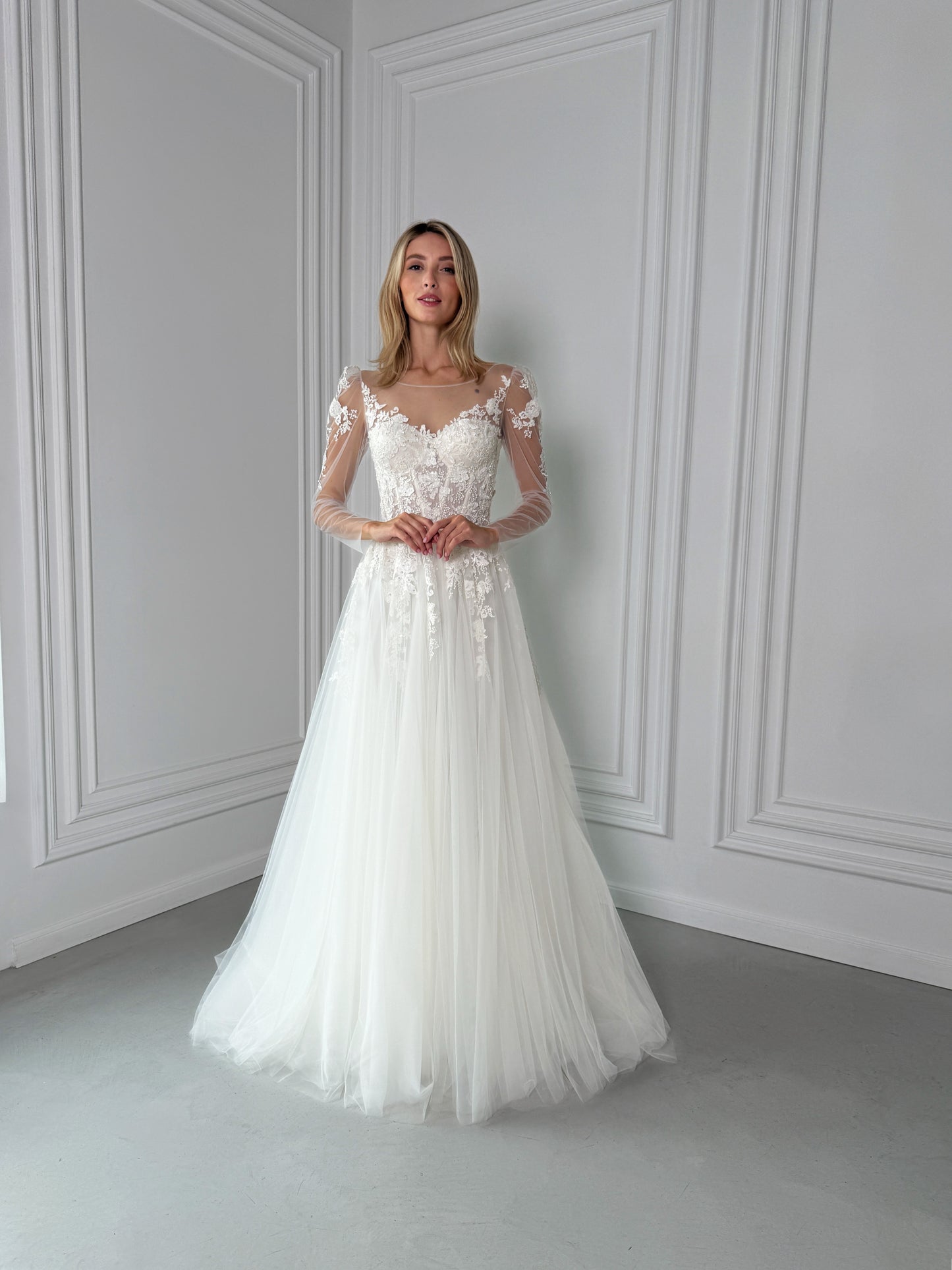 Leona – Elegant Lace Bridal Gown with Long Sheer Sleeves