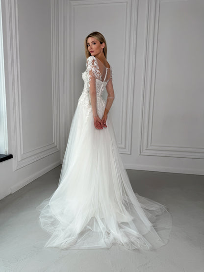Leona – Elegant Lace Bridal Gown with Long Sheer Sleeves